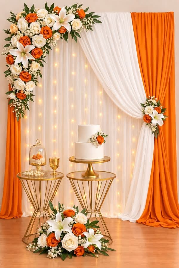 Orange and white floral cake table backdrop with fairy lights, floral arch swag, gold geometric tables and 2-tier white cake display
