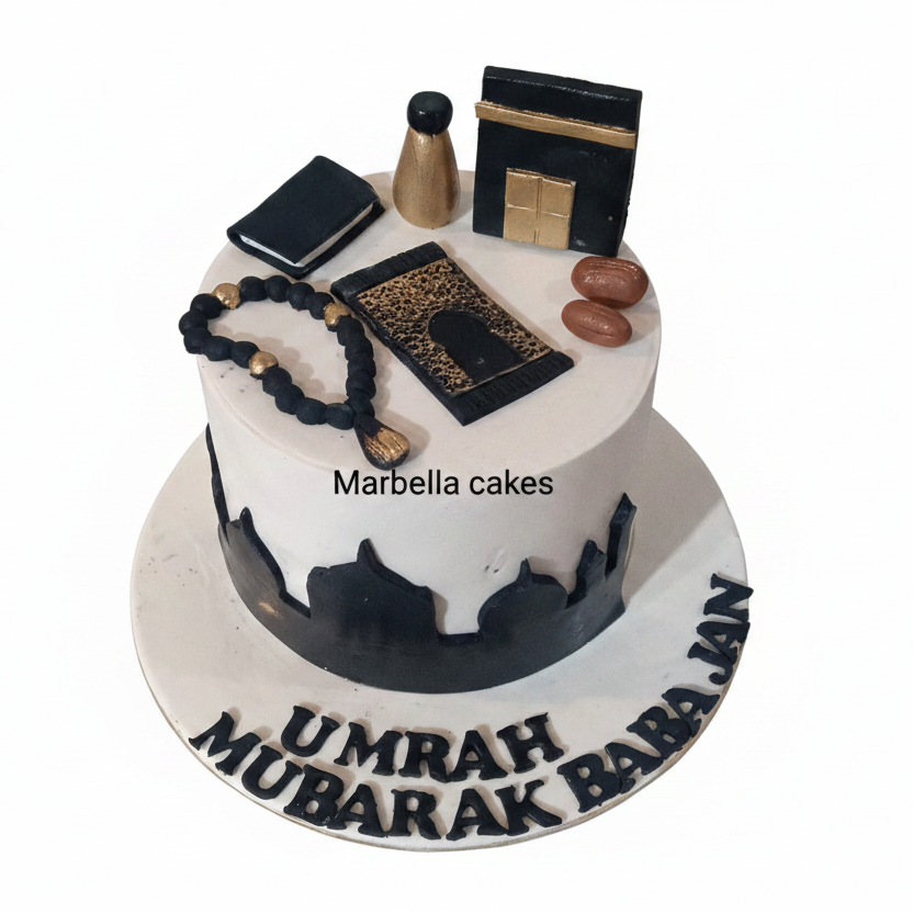 Umrah Mubarak cake with white background - Marbella Cakes