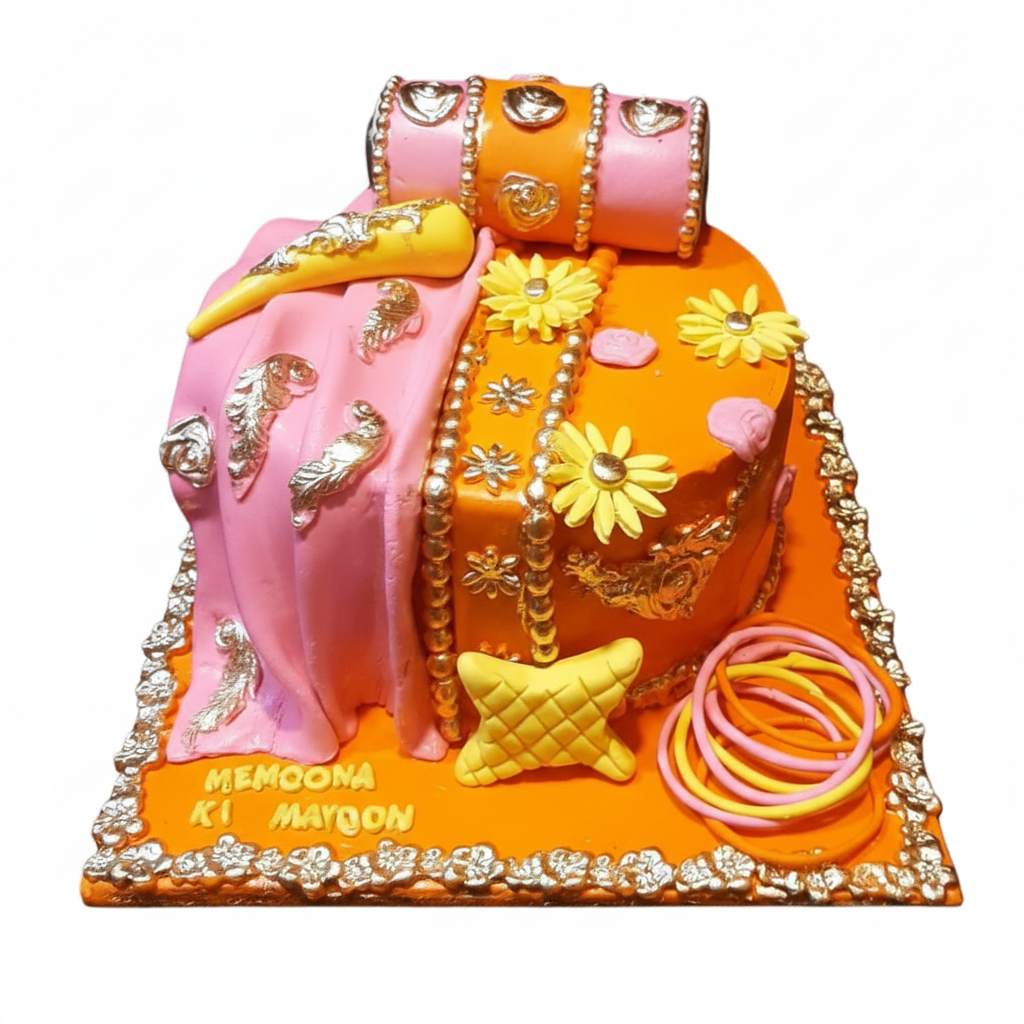 Mayun two tier pink orange dholki sunflower cake on white background