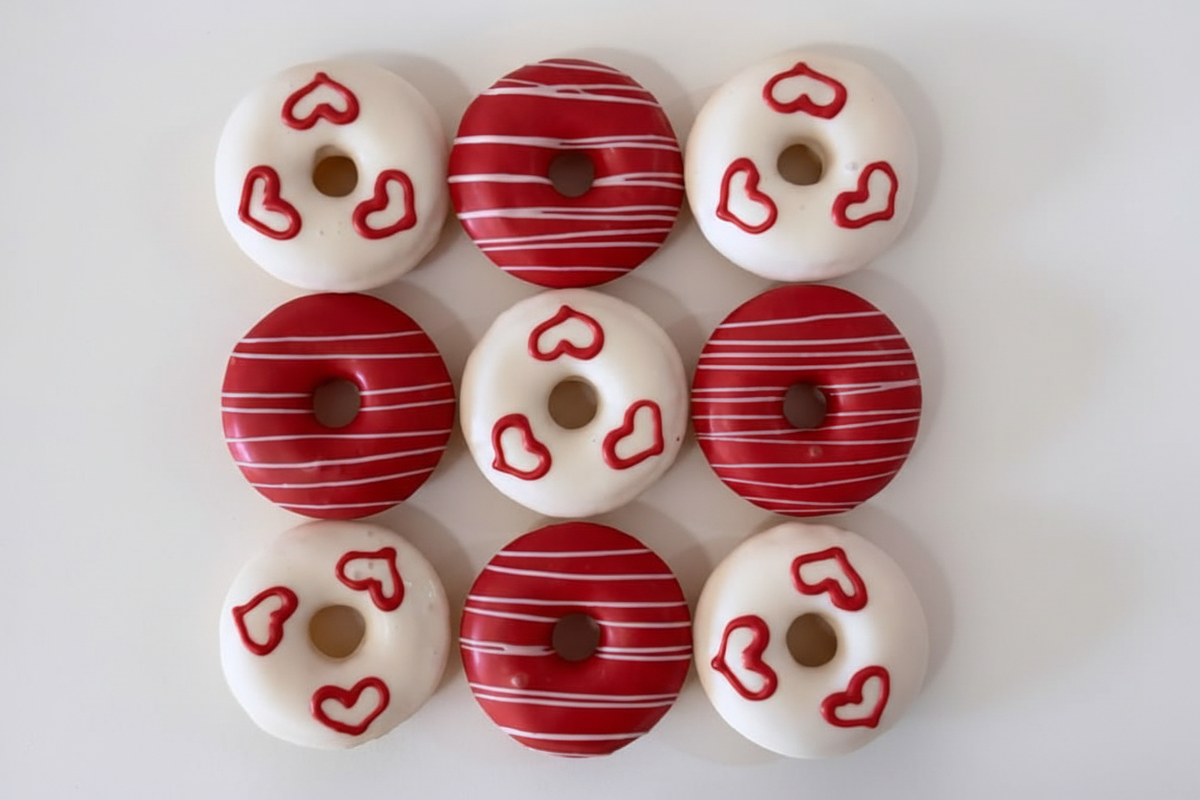 Valentine's red and white heart donuts on white background