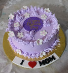 Happy Mothers Day lavender purple cake with daisy flowers and I love mom plaque