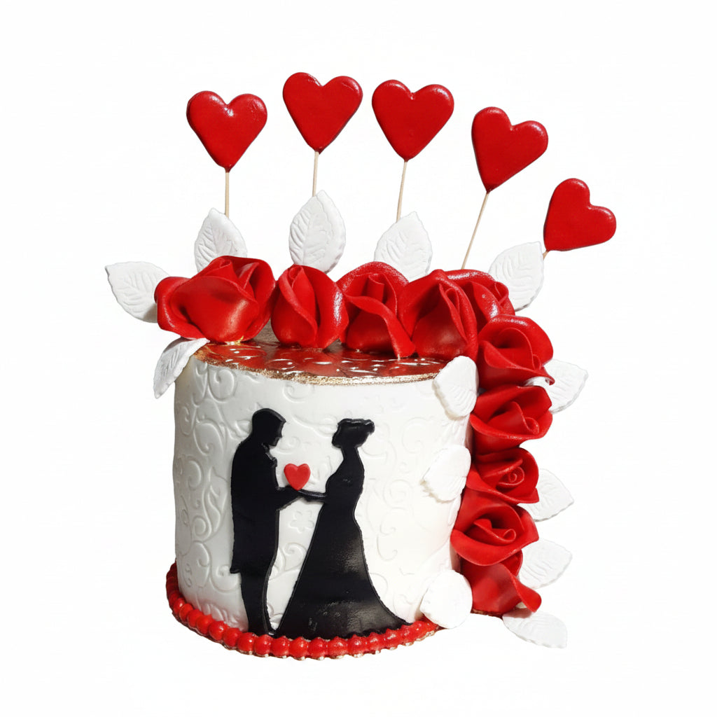 Anniversary white fondant cake with black couple silhouette, red roses, heart lollipop toppers and gold trim by Marbella Cakes