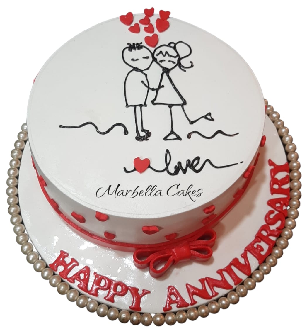 Happy Anniversary 2-tier white fondant cake with hand-drawn sketch couple, red hearts and pearl border by Marbella Cakes