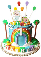 CoComelon Rainbow and Balloons Birthday Cake with blue buttercream, rainbow arch, JJ and CoComelon character cutouts, colourful balloon sticks, tree toppers and alphabet block name letters on board
