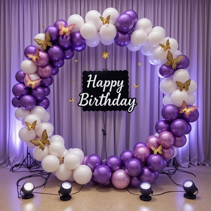 Purple white butterfly birthday ring arch decoration with chrome purple mauve balloons, gold 3D butterflies, Happy Birthday black sign and purple backdrop with LED spotlights