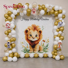 Cute safari animals birthday decoration with gold white confetti balloon square frame, lion cub watercolor backdrop and elephant monkey zebra giraffe animal cutouts