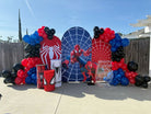 Spider-Man outdoor birthday decoration with red logo navy spiderweb triple panel backdrop, red blue black balloon garland and life-size Spider-Man standee