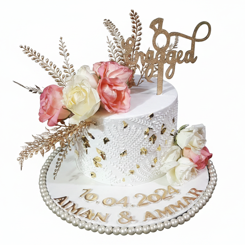 Engaged gold floral cake with pure white background