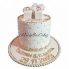 White and rose gold quilted ring box engagement cake with pearl borders and Tabish & Kanza name plaques on white background