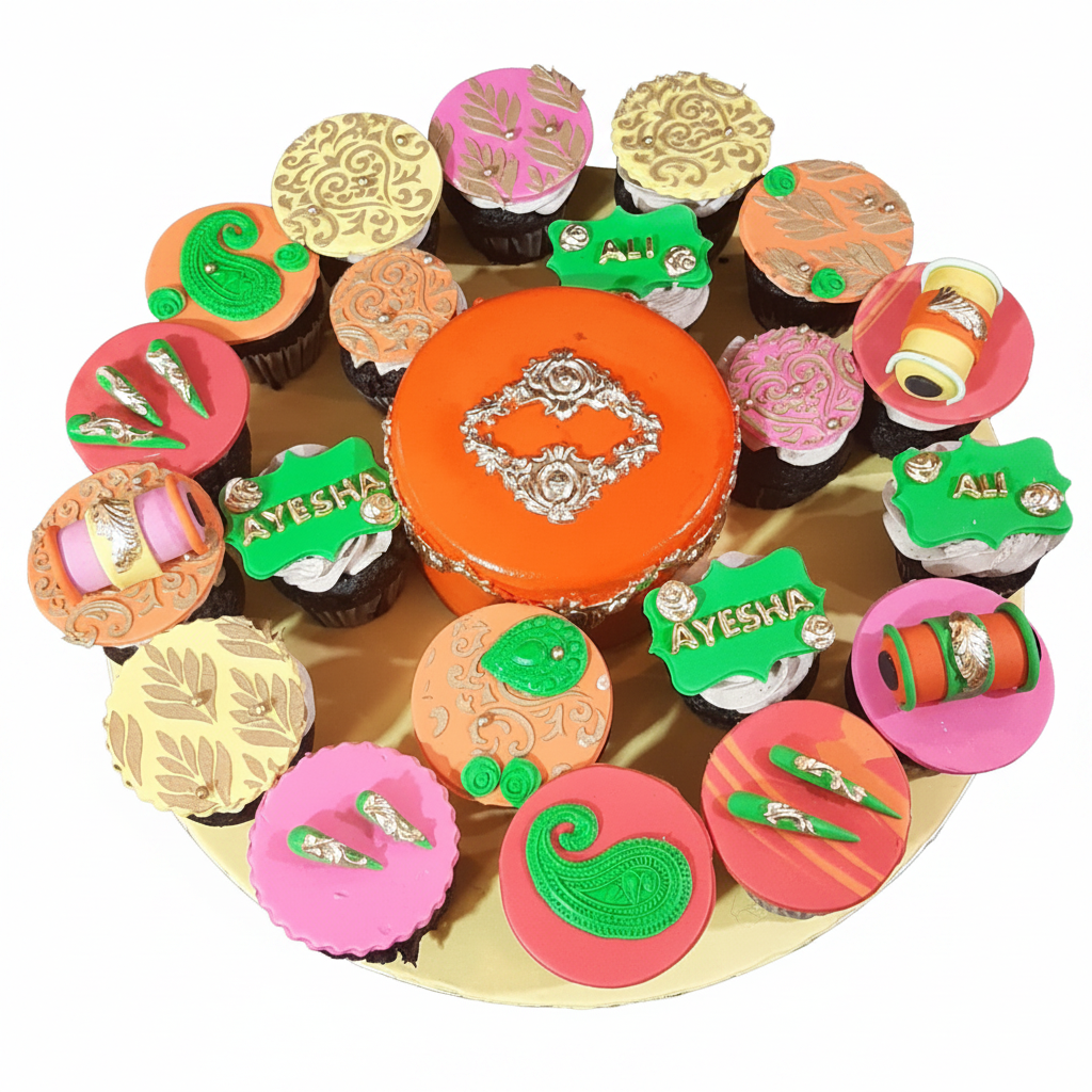 Mehndi themed cupcakes and cake set on white background