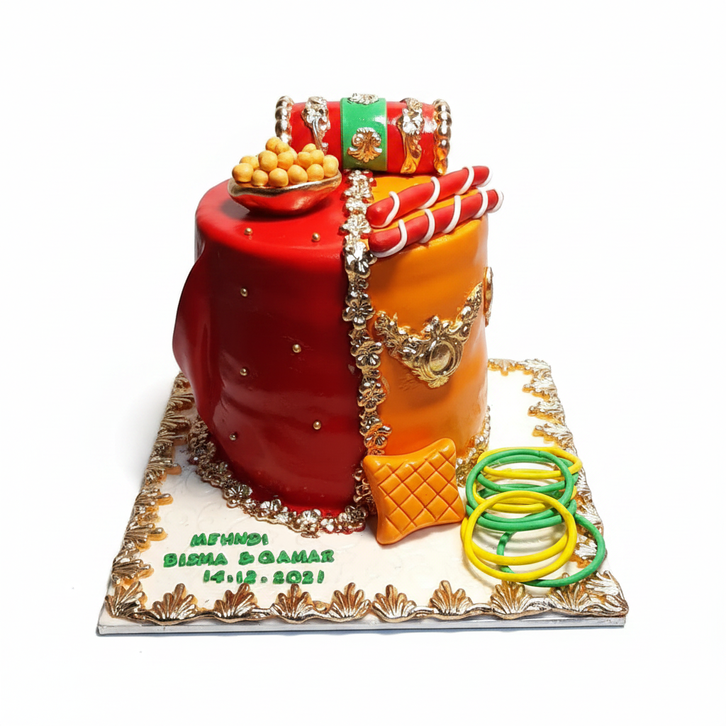 Mehndi split design cake with dholki and bangles on white background