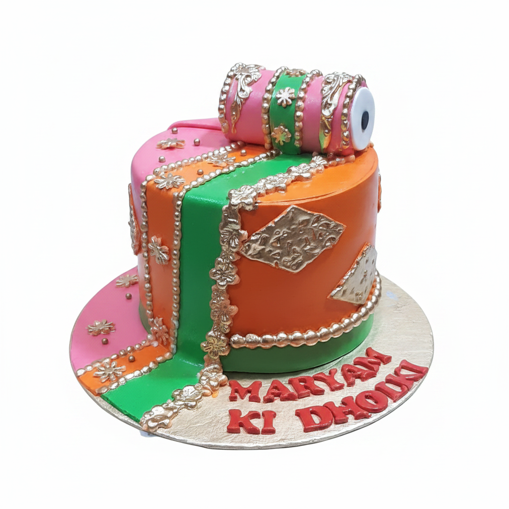 Dholki themed custom celebration cake on white background