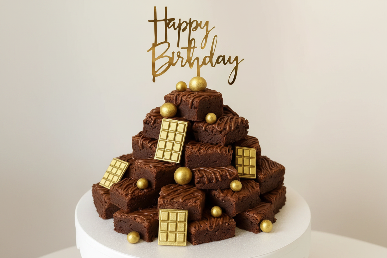 Gold birthday brownie tower with gold spheres and chocolate bar decorations on white background