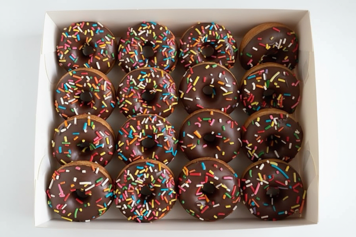 12 chocolate glazed donuts with rainbow sprinkles in white box on white background