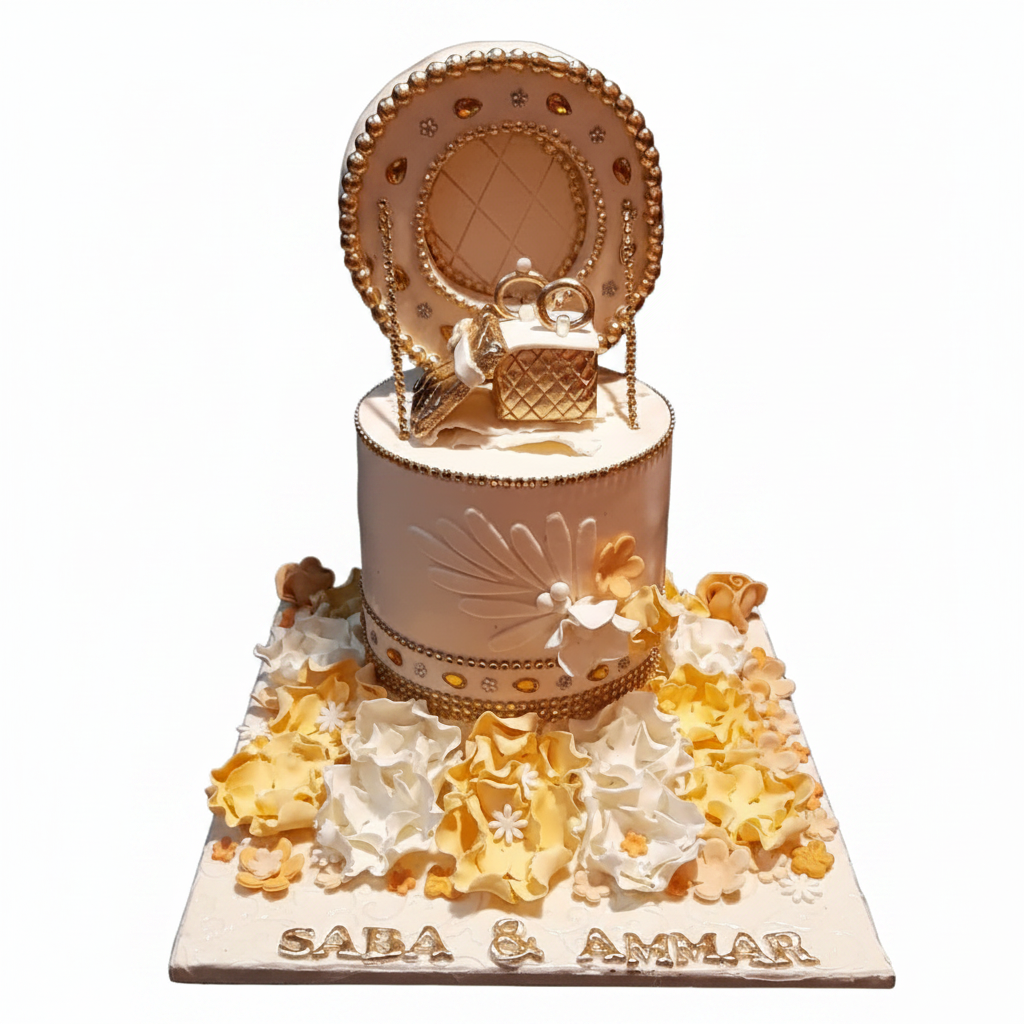 Gold jewelry box engagement cake with white background, sugar flowers, and Saba & Ammar name plaques
