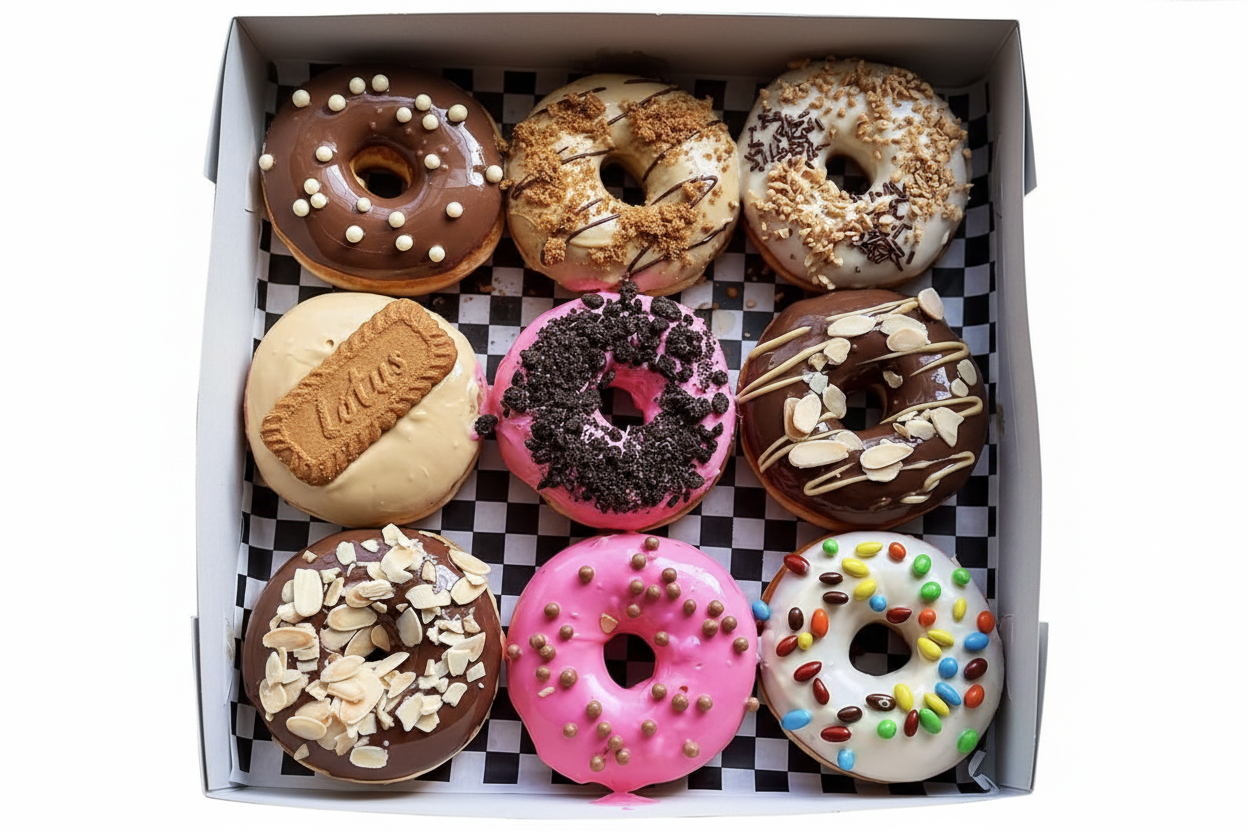 Ultimate assorted donut box with 9 gourmet flavors on white background