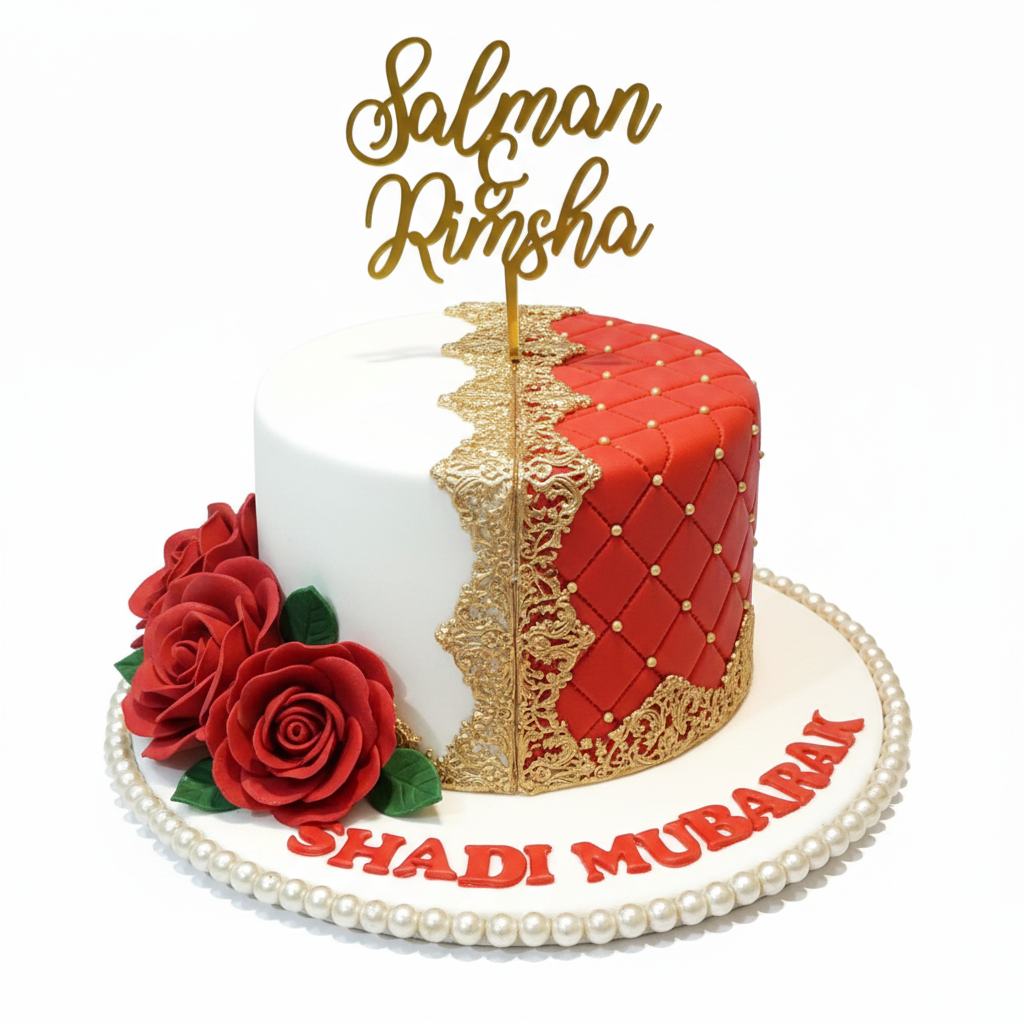 Shadi Mubarak wedding cake red white on white background