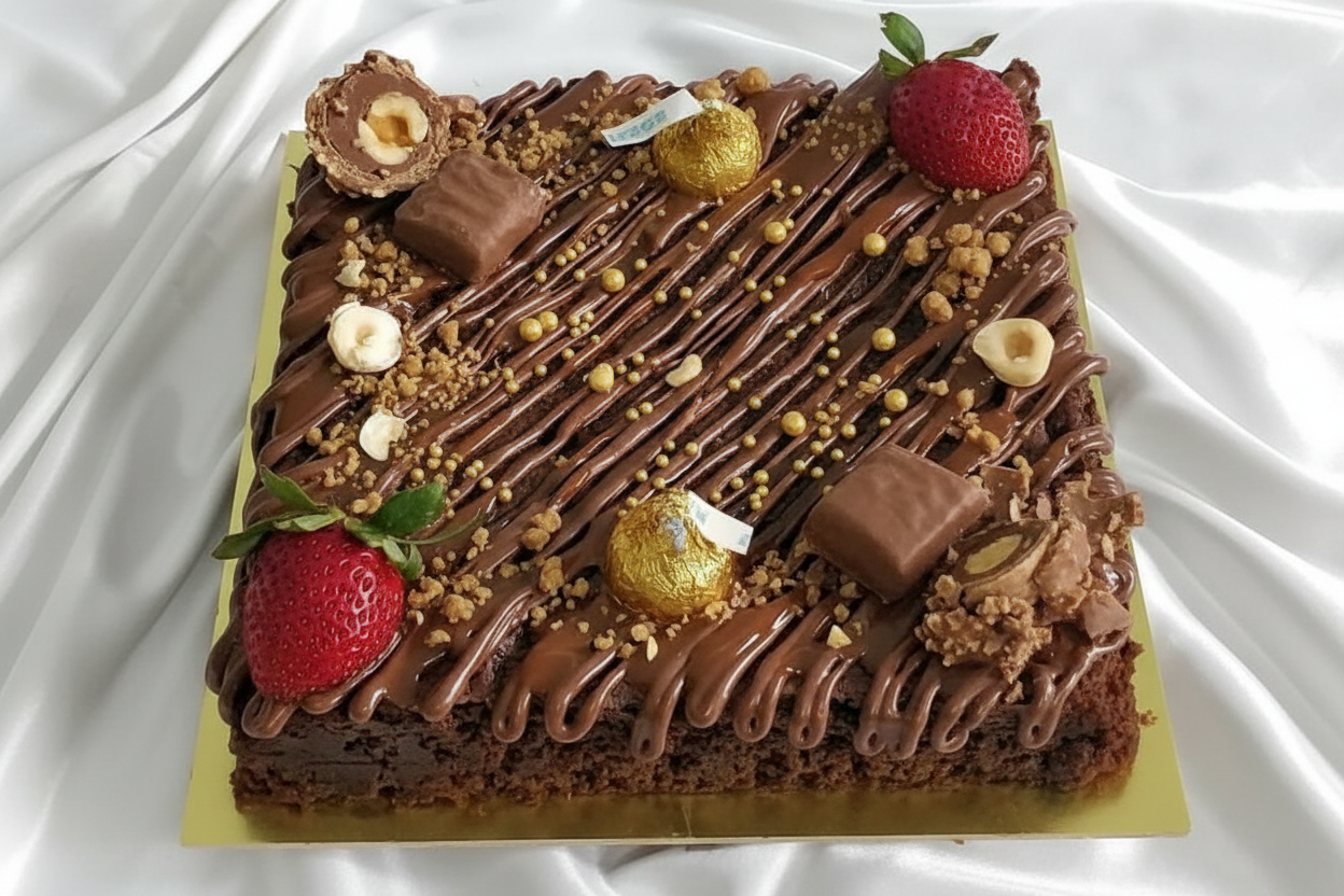 Luxury Ferrero brownie slab with strawberries, hazelnuts and gold decorations on white background