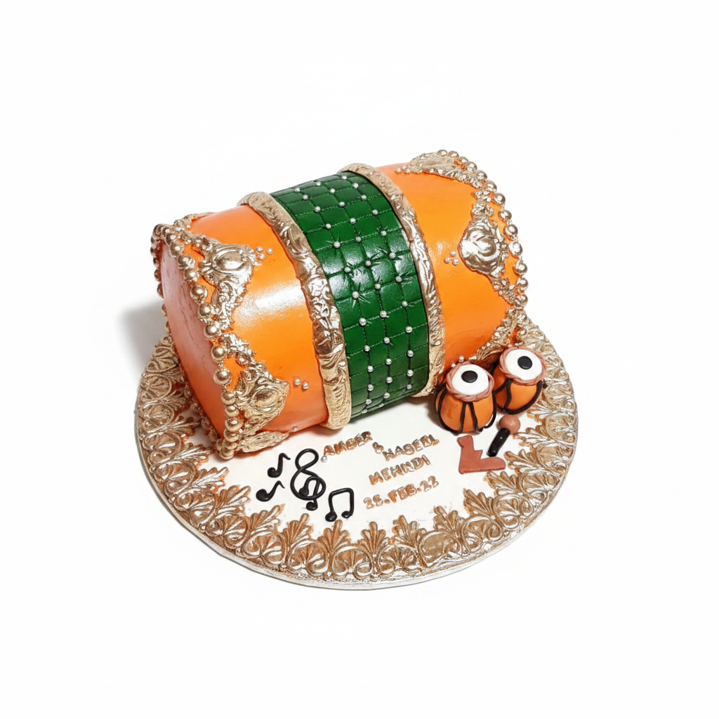 Mehndi Dholki cake with tabla and music notes on white background