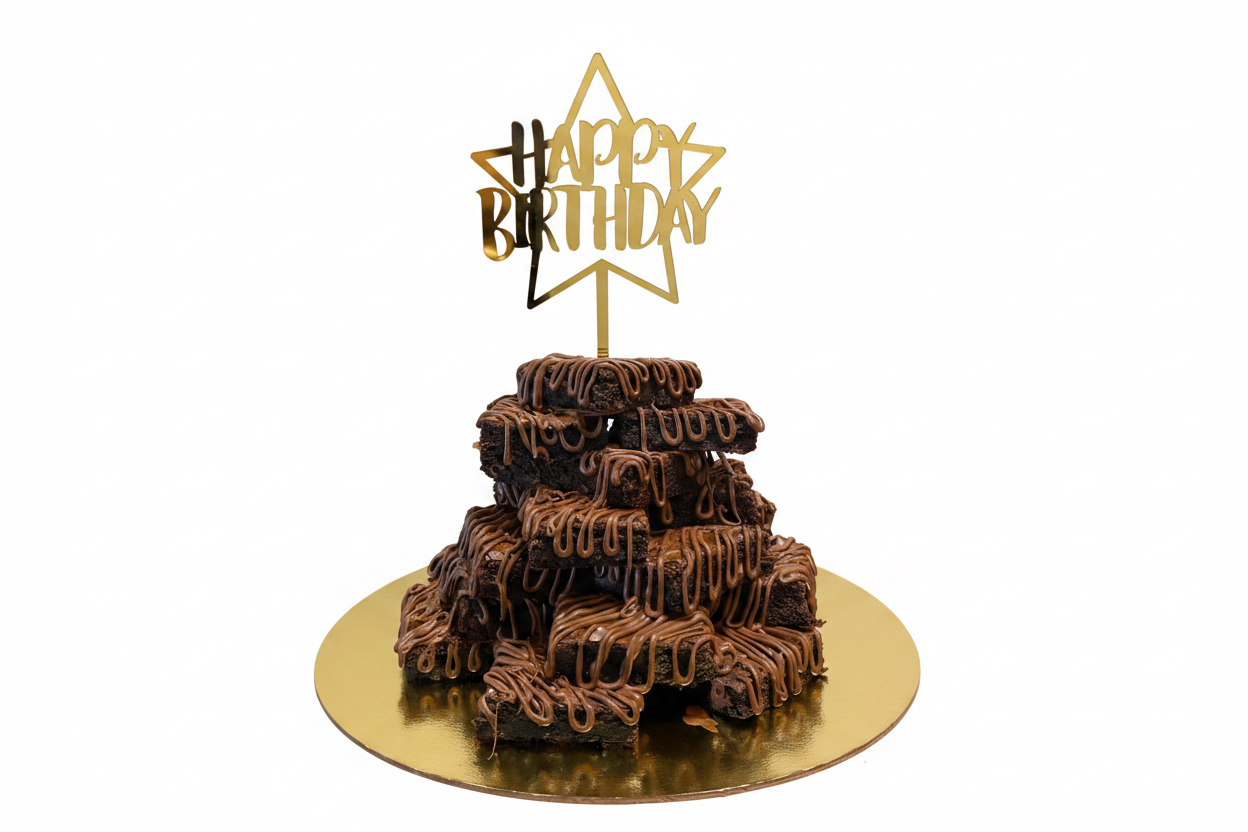 Happy Birthday brownie tower 3-tier pyramid with gold topper on white background