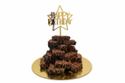 Happy Birthday brownie tower 3-tier pyramid with gold topper on white background