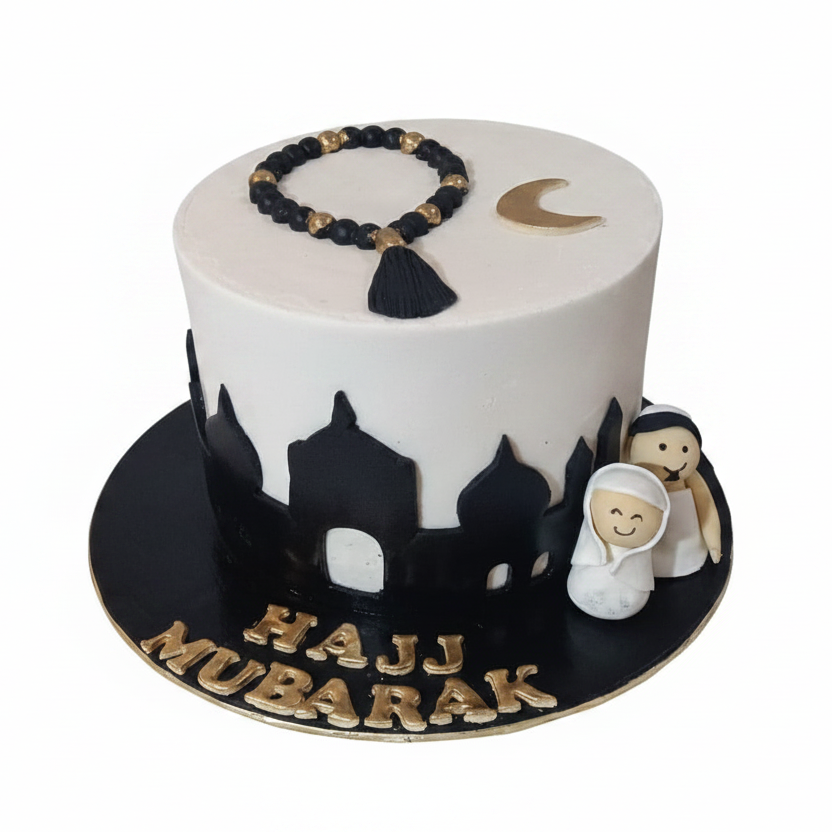 Hajj Mubarak couple cake with pure white background