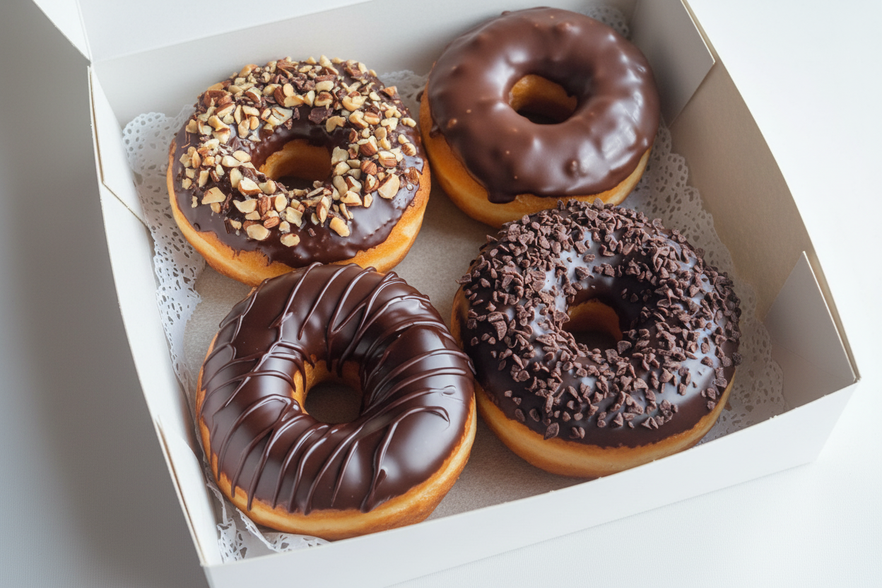 Gourmet chocolate glazed donut box with nuts and chocolate chips on white background