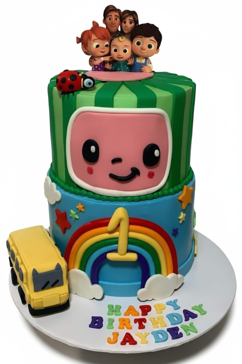 Colorful cartoon-themed first birthday cake with rainbow, bus, number 1, and character toppers on a white background