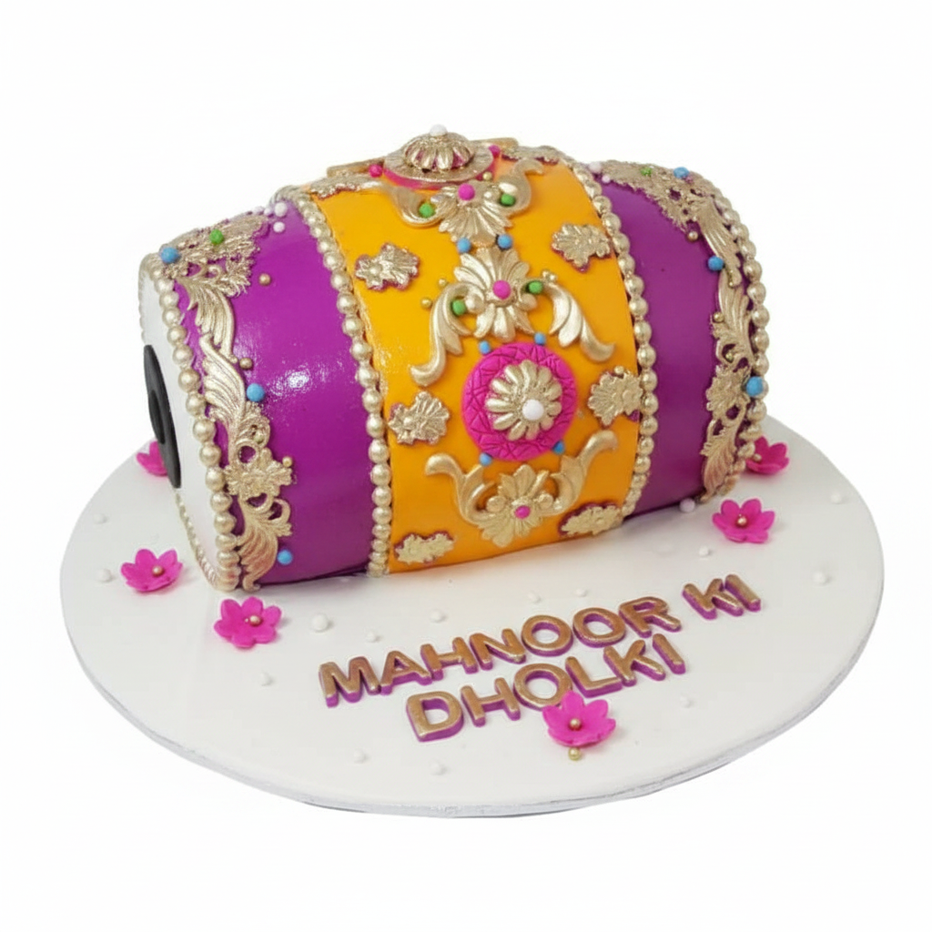 Dholki drum shaped cake purple yellow on white background