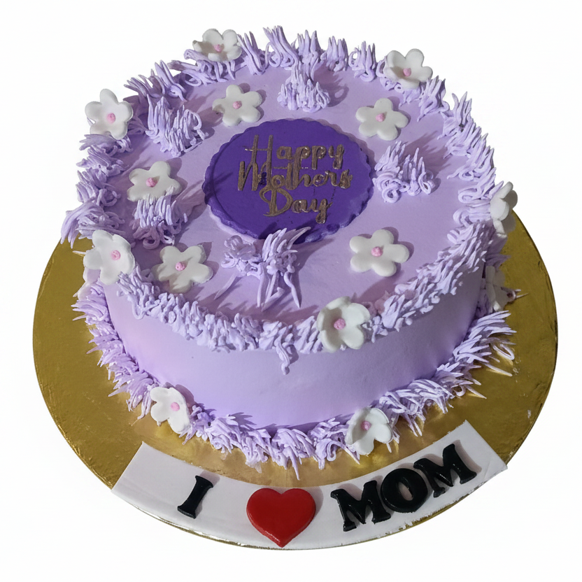 Happy Mothers Day purple floral cake with pure white background