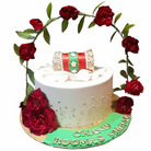 Chand Raat Mehndi cake with rose arch on white background