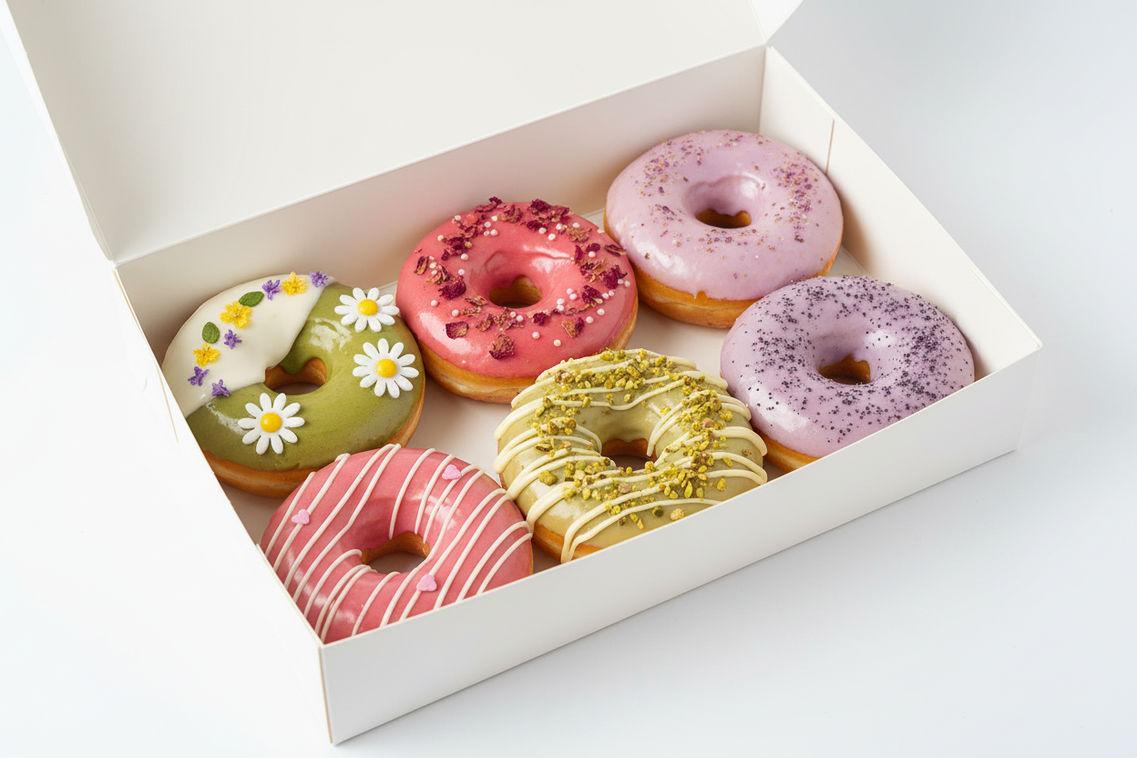 Floral glazed donut box with pastel colors and edible flowers on white background
