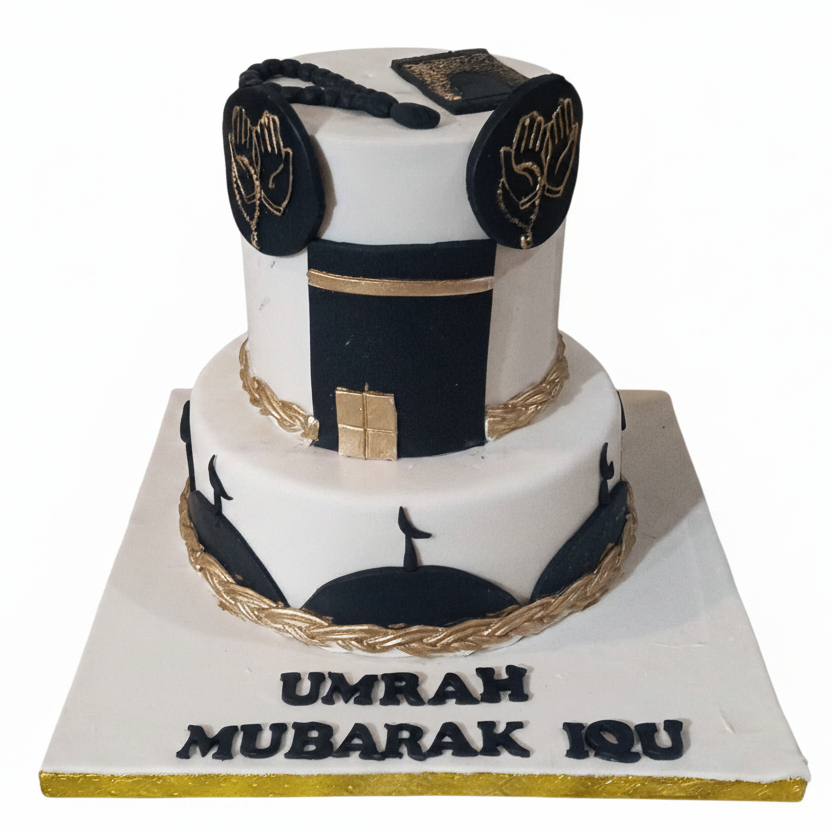Umrah Mubarak 2-tier Kaaba cake with pure white background