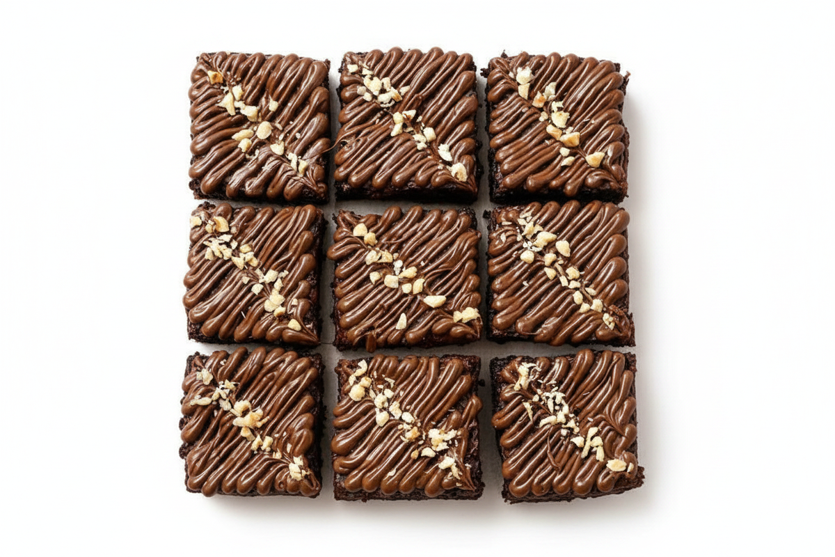 Nutella drizzle brownie box 9 pieces with hazelnuts on white background