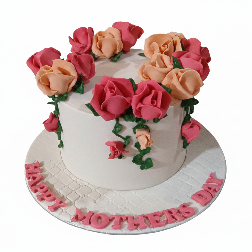Happy Mothers Day rose garden cake with pure white background