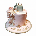 Blush pink engagement cake with mint ring box topper, pink sugar roses, gold pearl accents and date lettering on white background