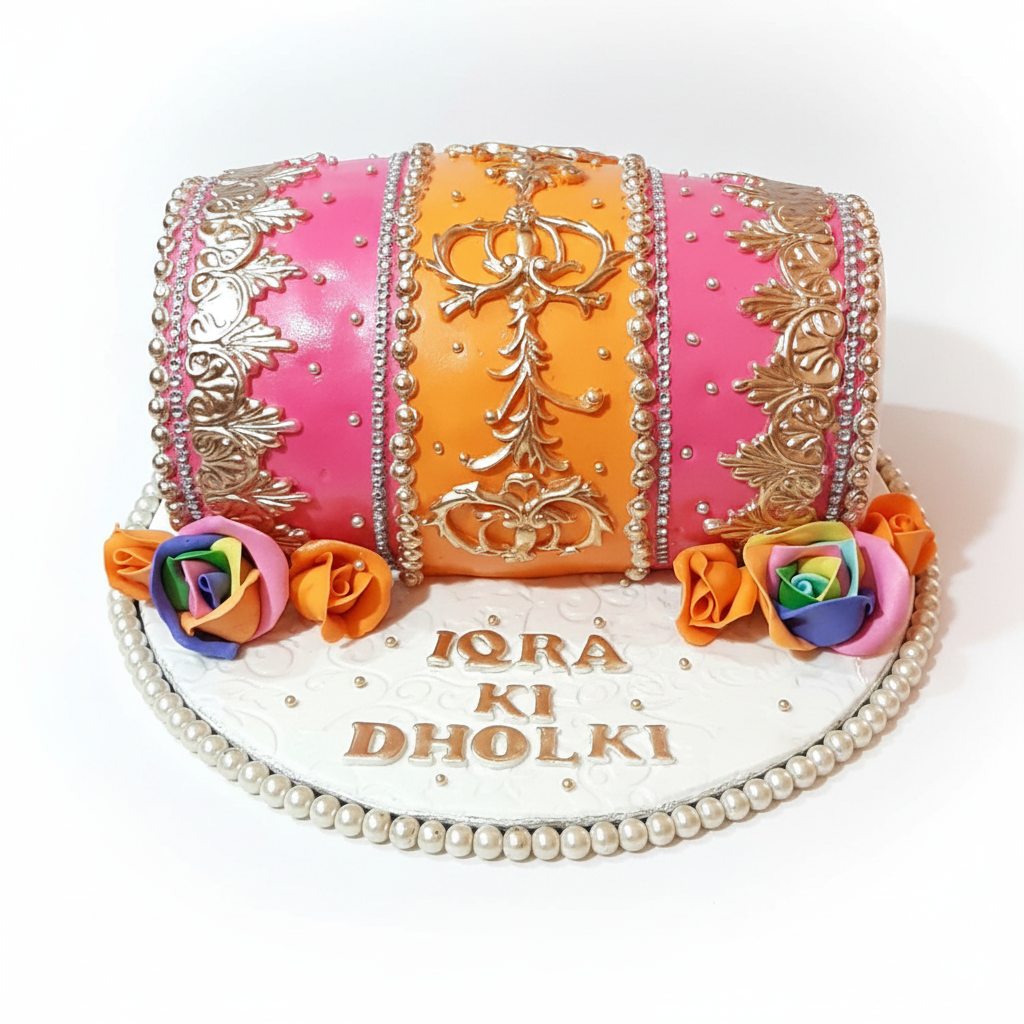 Dholki cake pink orange rainbow roses on white background