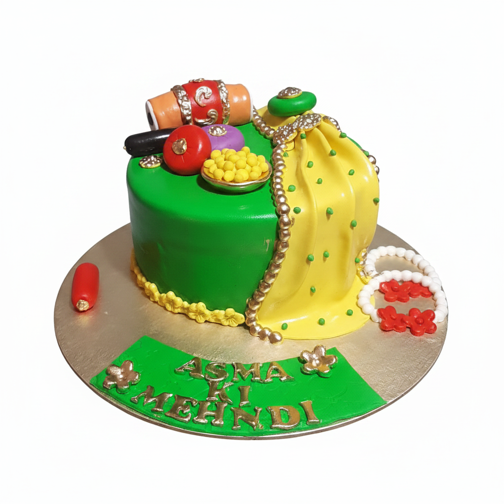 Mehndi themed custom celebration cake on white background