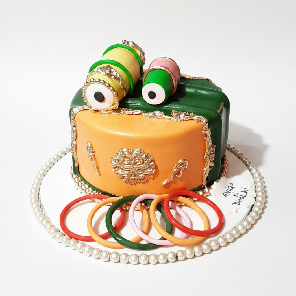 Dholki thread spools bangles cake on white background