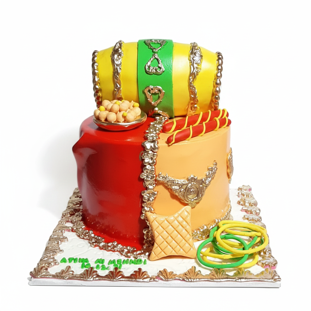 Mehndi two tier yellow dholki red orange split cake on white background