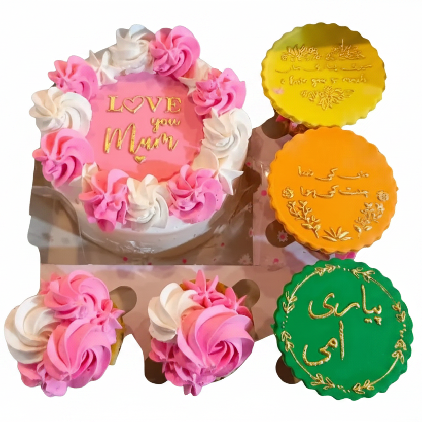 Love You Mum cake and Urdu cookie gift set with pure white background