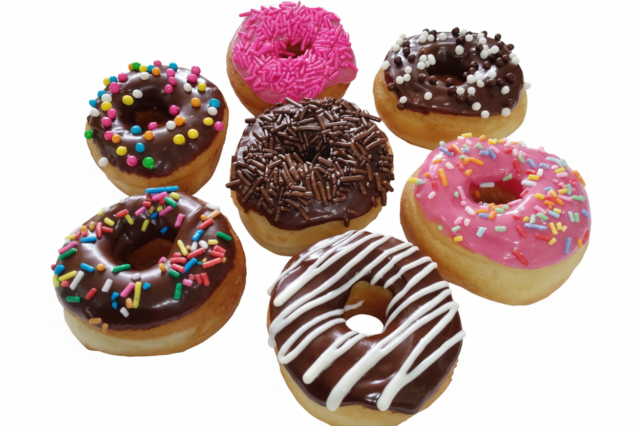 Assorted glazed donuts with colorful sprinkles on white background