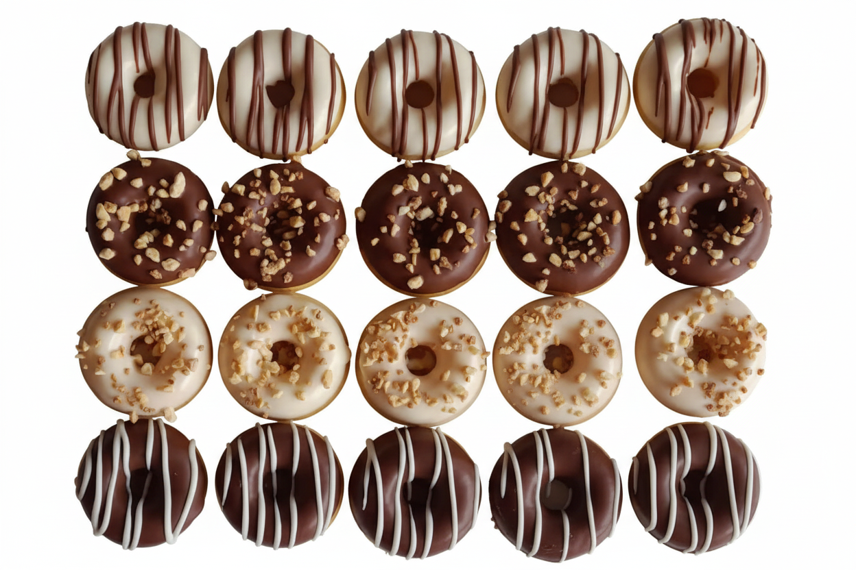 16 piece classic chocolate and nut donut box on white background