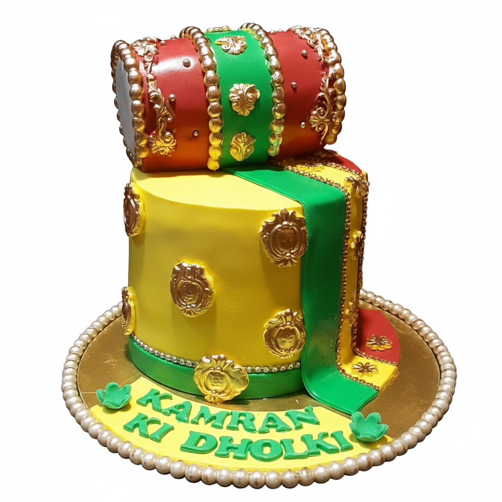 Dholki themed custom celebration cake on white background