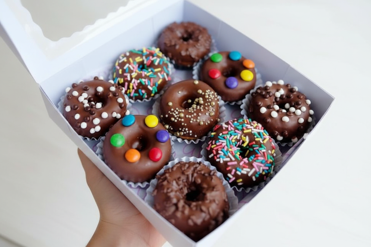 Mini chocolate donut box with colorful sprinkles and M&M candies on white background