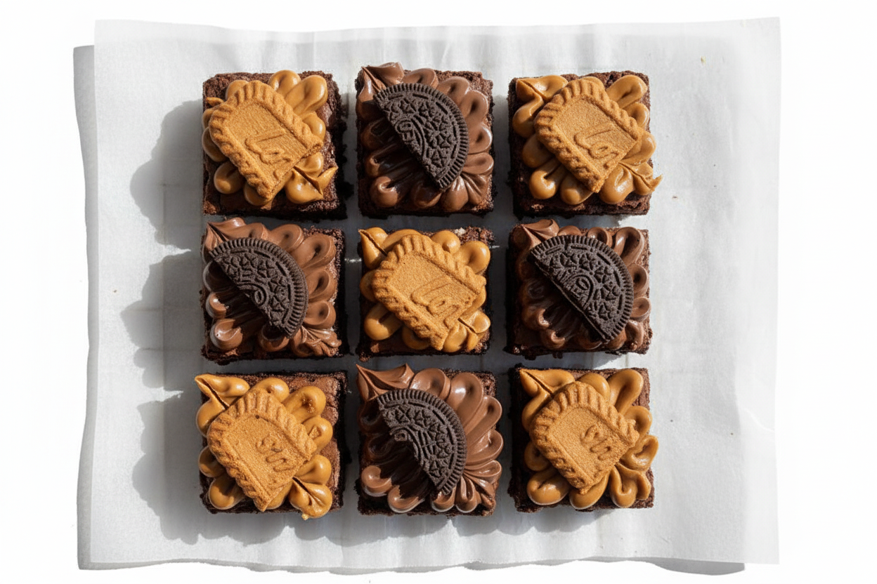 Biscoff and Oreo loaded brownie box on white background