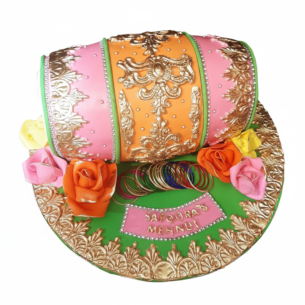 Mehndi dholki drum shaped cake on white background