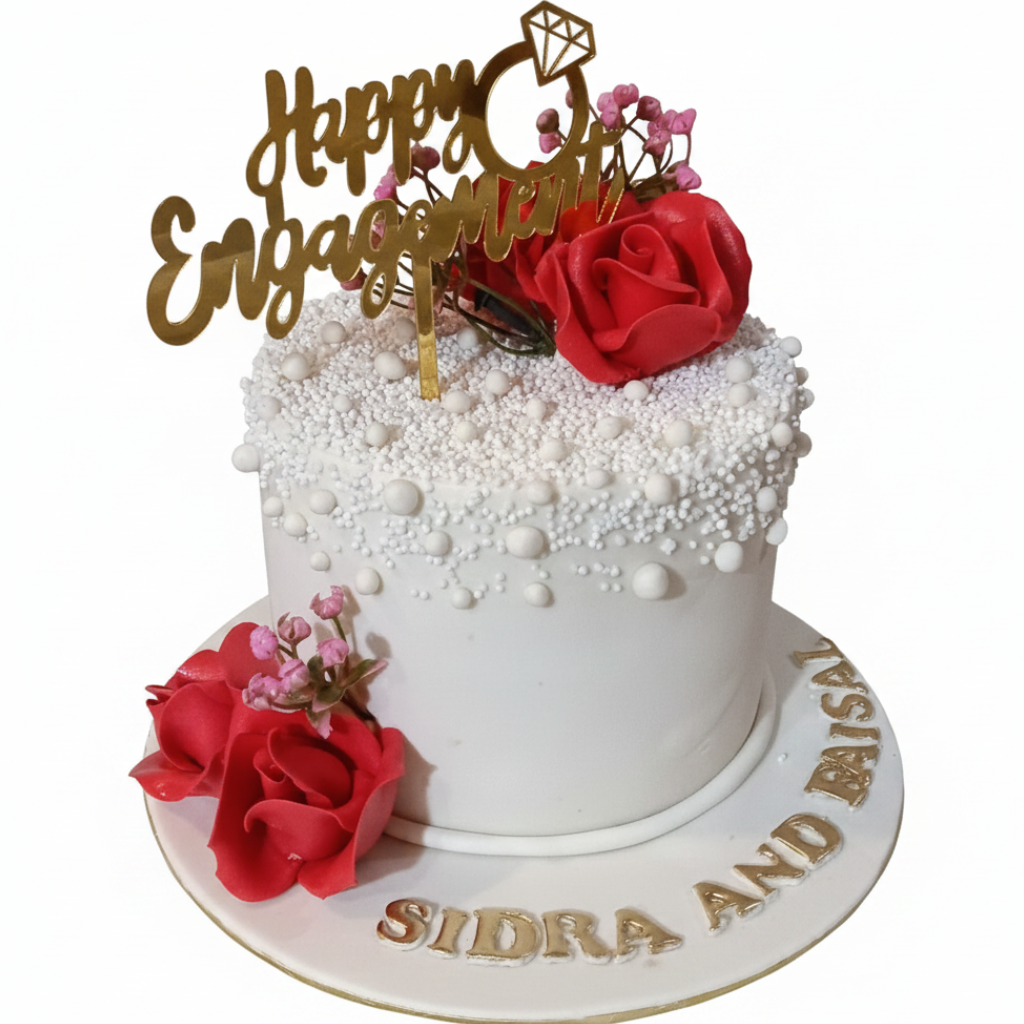 White pearl texture engagement cake with red roses, gold Happy Engagement topper, and Sidra and Faisal name lettering on white background